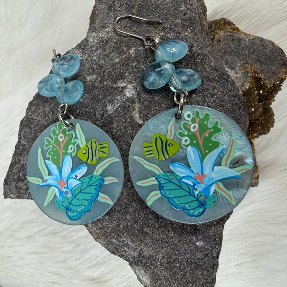 Hand Painted Fish Ocean Scene Dangle & Drop Pierced Earrings - Picture 2 of 6